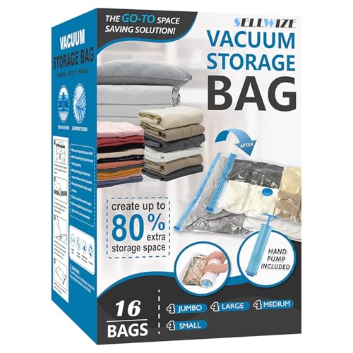 Image of 16 Combo Pack Vacuum Storage Bags,(4 Jumbo / 4 Large / 4 Medium / 4 Small), More Space Saver Bags Vacuum Seal Bags with Pump, Space Bags, Vacuum Sealer Bags for Clothes, Blankets, Bedding (16)
