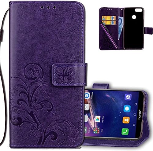 COTDINFORCA Case for Huawei Honor 7X Wallet Case Leather Premium PU Embossed Design Magnetic Closure Protective Cover with Card Slots for Huawei Mate SE/Huawei Honor 7X. Luck Clover Purple