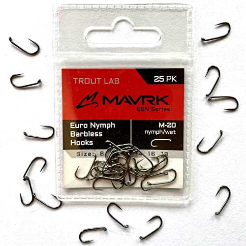Mavrk Fly Fishing Euro Nymph Competition Barbless Hooks 25 Pack for Fly Tying Black Nickel Coating Strong Durable chemically sharpened Jig Curve Nymph and Streamer Style