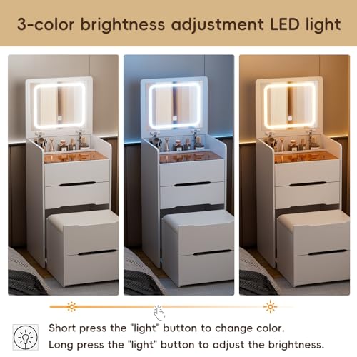 Tocador 3 en 1 Con Espejo Abatible, Luces LED de Brillo Ajustable, Escritorio de Vidrio Visible, Compacto Con 3 Cajones y Taburete Acolchado Para Dormitorio - imagen 5