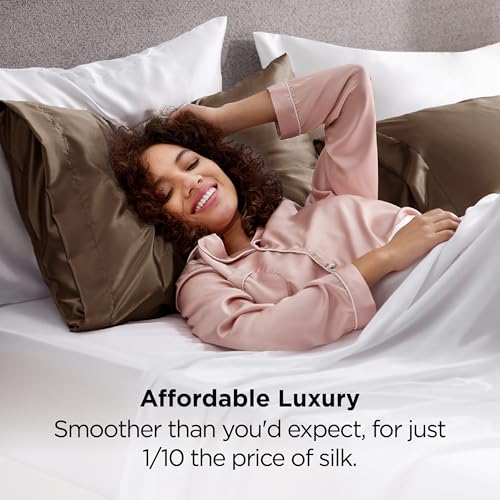 Image of Bedsure Satin Pillowcases, Similar to Silk Pillow Cases Queen Size Set of 2, Pillow Case for Sleeping Women with Envelope Closure, Gifts for Women Men, Brown, 20x30 Inches, 2pcs