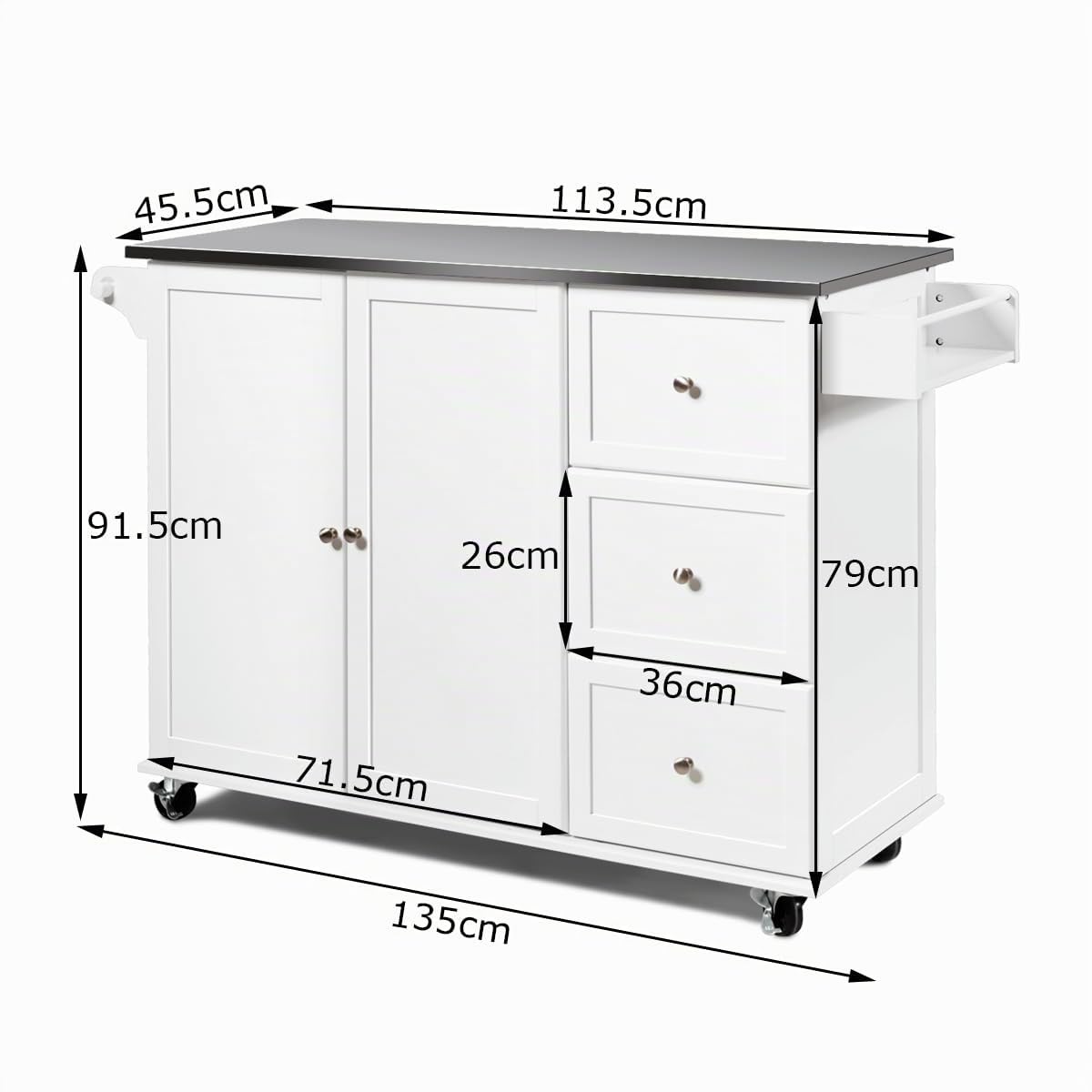 GIANTEX Carrello da cucina con piastra in acciaio inox, armadio da cucina con ruote, isola mobile con 3 cassetti e ripiani regolabili, carrello da servizio, carrello da cucina, carrello da cucina, 135