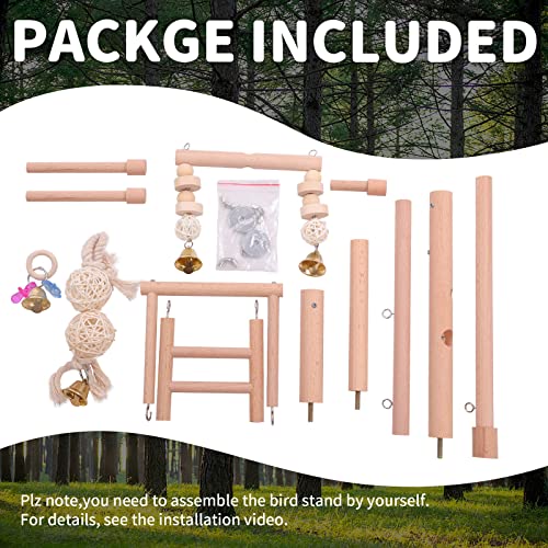Image of QBLEEV Bird Cage Play Stand Toy Set-Birdcage Wood Stands Hanging Chew Toys Ladder Swing Parrot Perch Play Gym Playground Accessories Activity Center for Conure, Parakeets, Budgie, Cockatiels,Lovebirds