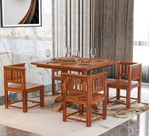 Image of Sheesham Wood 4 Seater Dining Table with 4 Chairs for Living Room Home Office Dining Room Wooden Dininig Set (Natural Finish)