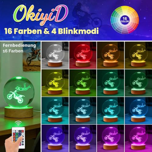 OkiyiD Motorrad Nachtlicht, Motorrad Geschenke für Männer Kinder, Motocross Kristallkugel (80mm) Lampe with 16 Farben… – Ansicht 3