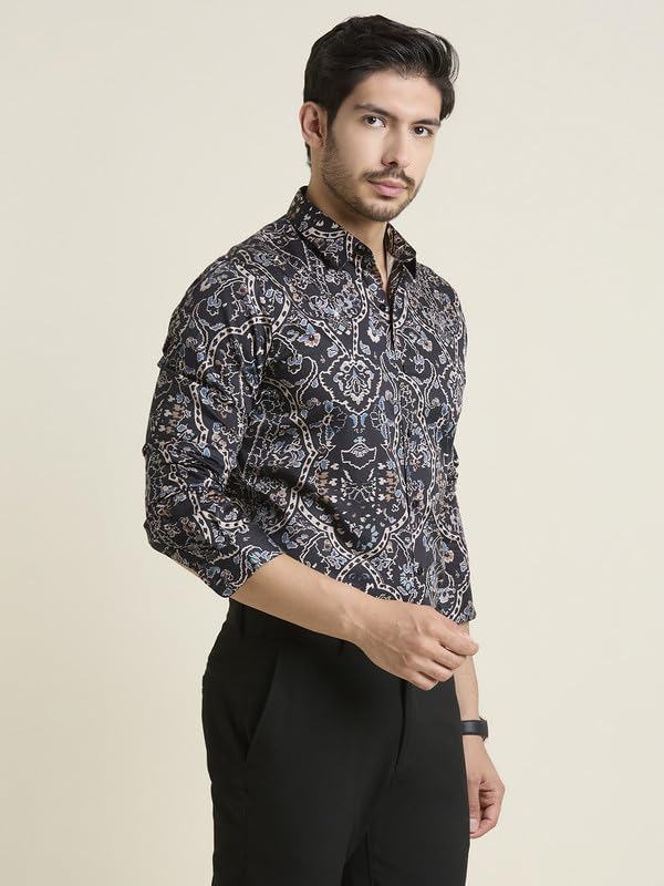 Image of MARK & ALBERT Men's Printed Full Sleeves Regular Fit Shirt Blue | 100% Cotton Stretchable Fabric