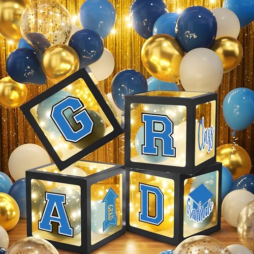 Image of Party Spot!2026 Blue and Gold Graduation Party Decorations,124 PCS Graduation Decorations Class of 2026,4 PCS Balloons Boxes with LED Light String & Letters 2026 GRAD So Proud of You
