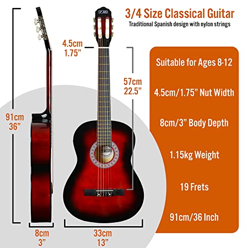 Image of 3rd Avenue 3 /4 Size Kids Classical Guitar Spanish Nylon String Beginner Pack Bundle - Bag, Strings - Red