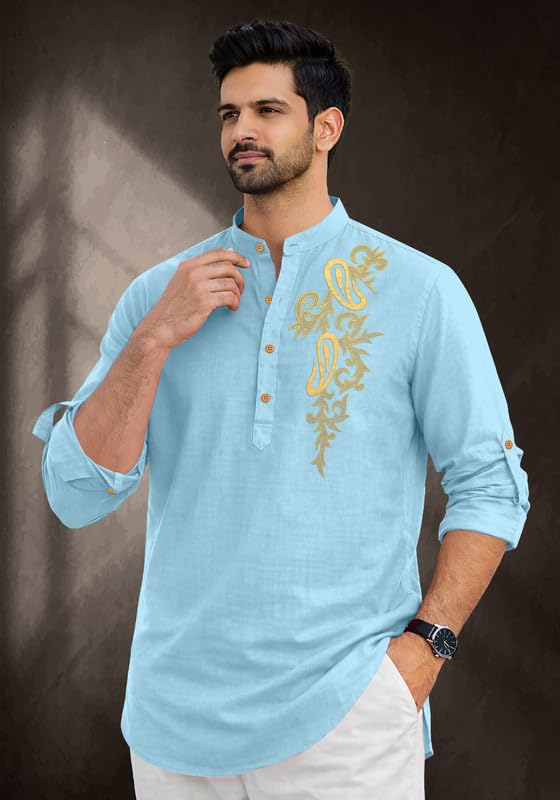 Image of Cotton Blend Self Design Printed Casual Short Kurta for Men Long Sleeve Mandarin Collar Stylish Kurta Shirt for Men