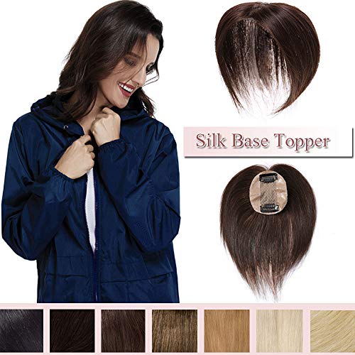 100% Real Human Hair Silk Base Top Hairpiece Clip in Topper Wig for Women Crown in Hand-made Toppee Middle Part with Thinning Hair Loss Hair #4 Midium Brown 10''20g