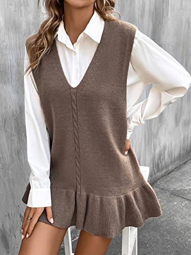 Shenhe Women's V Neck Sleeveless Ribbed Knit Ruffle Hem Sweater Vest Mini Dresses Mocha Brown L #TOP4