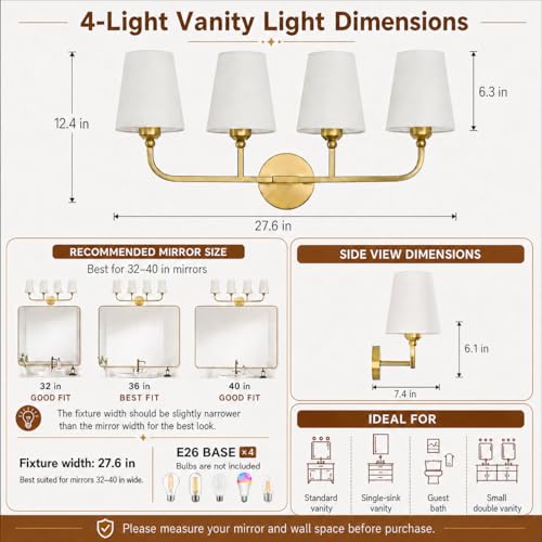 Image of Bathroom Vanity Light, Brushed Gold Bathroom Lighting Fixtures Over Mirror | 4-Light Bathroom Light Fixtures with Flared White Fabric Shade, E26 Socket (ETL Listed)