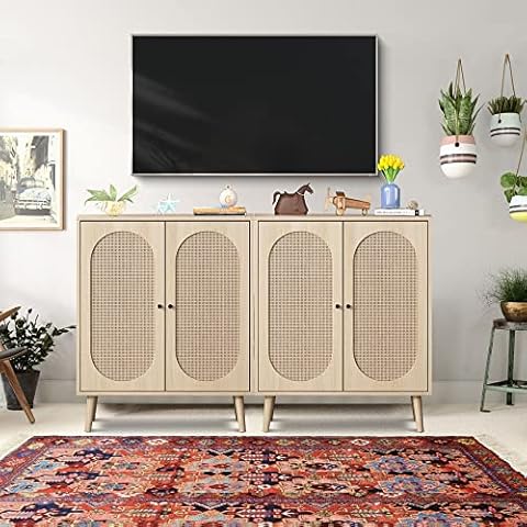 Sideboard Buffet Cabinet, Kitchen Storage Cabinet with Rattan Decorated Doors, 4 Doors Console Table Buffet Cabinets with Adjustable Shelves for Kitchen Dining Room Living Room Hallway(Natural,2 Sets) Cover