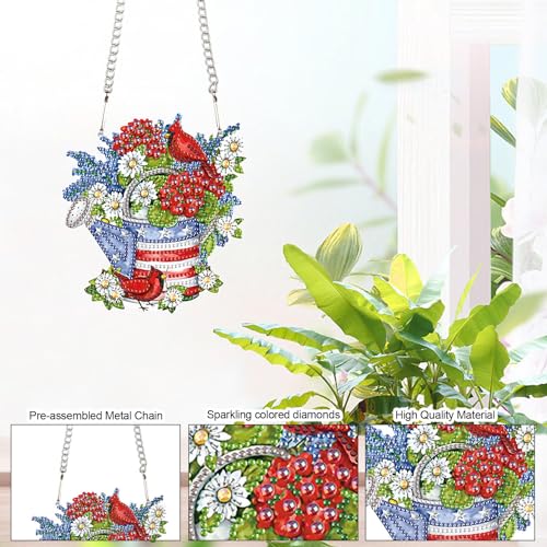 Image of AiYuanzsh Independence Day Diamond Art Painting Hanging Pendant Kit Special Shaped Diamond Dots Art Acrylic Ornaments Flowers Cardinal Diamond Art Pendant for Adults Home Wall Window Decor Gift