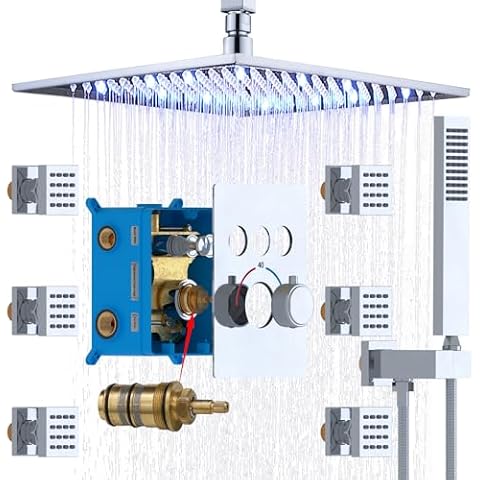 Enga Thermostatic Rain Shower System with Body Jets Push Button Diverter 12 Inch LED Rain Shower Ceiling Mounted Chrome Shower Faucet Set Can Use All Options at A Time Cover