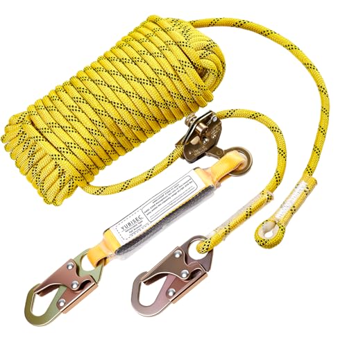 Yubisec Rope Harness Safety Lanyard 25FT Vertical Lifeline Assembly with Grab Snap Hooks Shock Absorber Fall Protection Tree Climbing Lifeline Kit Heavy Duty Roof Safety Equipment ANSI CE