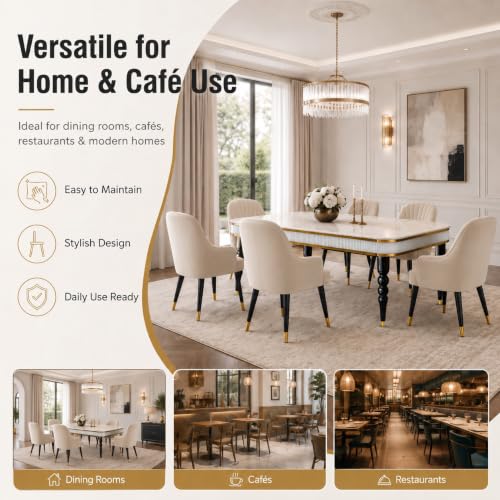Image of 6-Seater Dining Table Set with Nano Composite Marble Top | Golden PVC Wooden Base | Includes 6 Fabric Upholstered Chairs | 2 Year Warranty | Dining Room Furniture Set for Home (Cream)