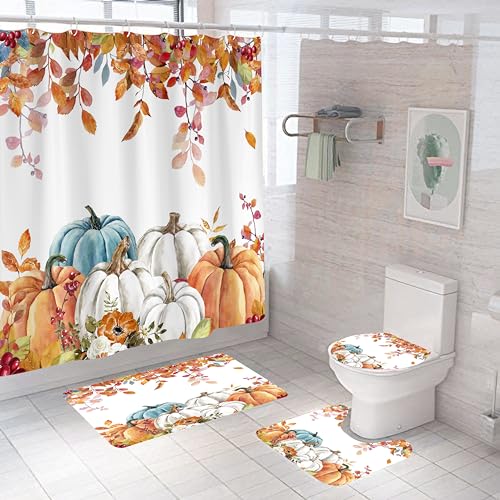 4Pcs Fall Pumpkin Shower Curtain Sets Autumn Leaves Floral Thanksgiving Harvest Bath Curtain with Non-Slip Rugs Toilet Lid Cover and Bath Mat Waterproof Shower Curtains with 12 Hooks 72 x 72 Inch