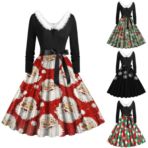 callmo Weihnachten Kleid Damen Weihnachten Langarm Kleid Kostüm Weihnachten Print Langarmkleid Partykleid Herbst Vintage Cocktailkleider Knielang...