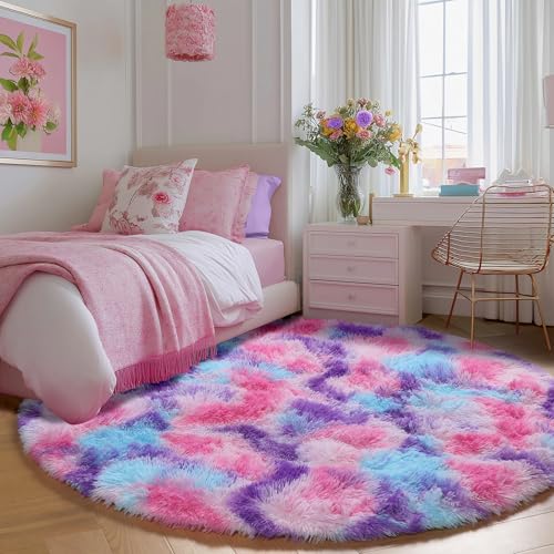 Image of PAGISOFE Rainbow Area Rugs, Round Rug for Bedroom Girls 7Ft, Cute Colorful Pastel Princess Carpet, Shaggy Girls Rug for Kids Room, Fluffy Playroom Nursery Dorm Rugs, Hot Pink Purple Kids Room Decor