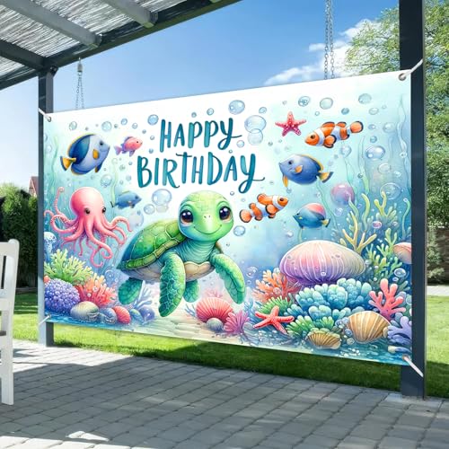 Image of HOMETITUTE Happy Birthday Banner Under The Sea Backdrop 96x72 Inch