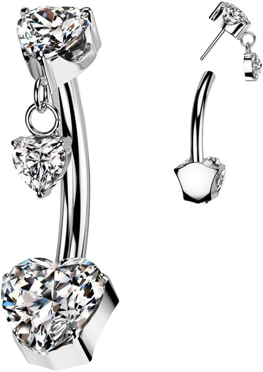 Implant Grade Titanium Threadless Push In Heart CZ Prong Set Belly Button Ring With Prong Set Heart CZ Top And Heart CZ Dangle