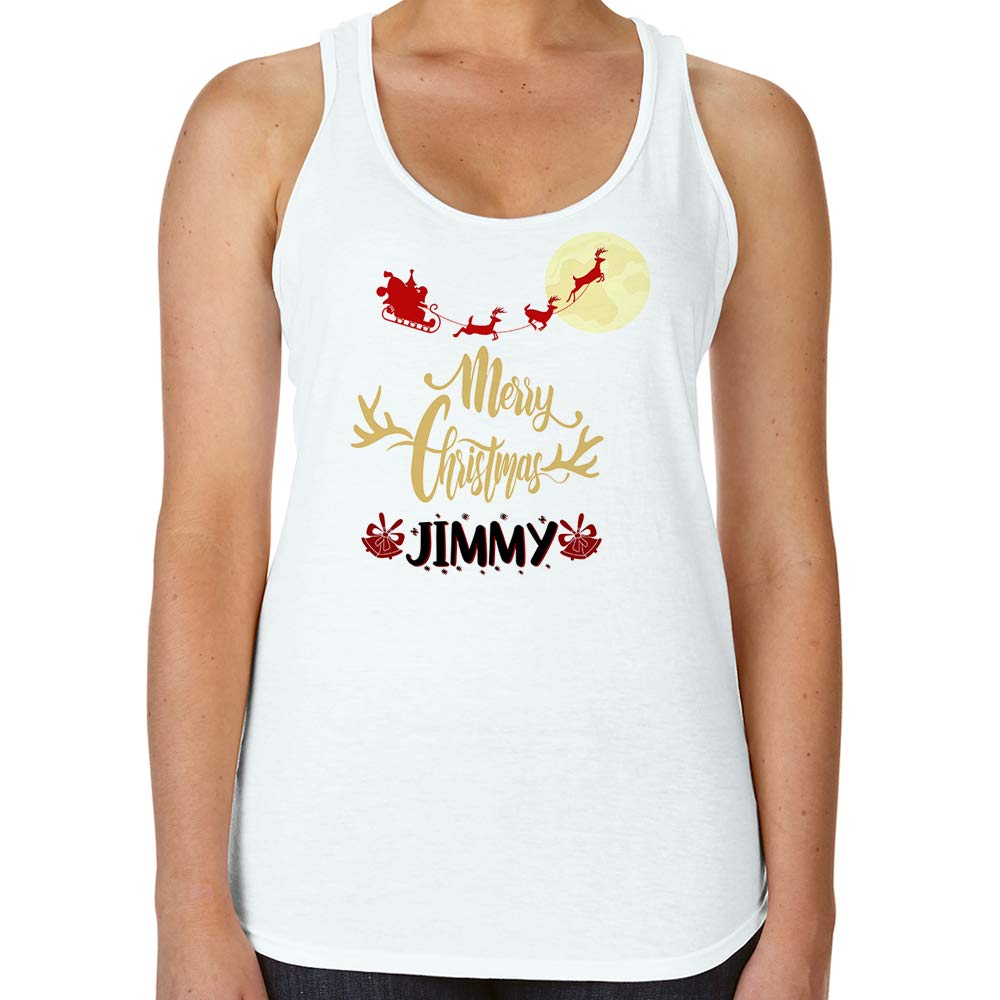 Getagift Women's White Personalised Merry Christmas Santa Rides Reindeer Moon Art Any Name Vest Tri-Blend Racer Back Tank Top. (, 2XL)