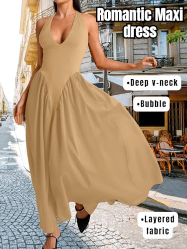 Image of ChiaoLezhee Deep V Neck Dress, Halter Maxi Dresses, Vacation Date Night, Sexy for Women Corset Flowy Wedding Guest Drop Waist