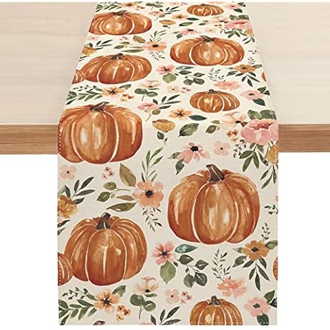 Sambosk Fall Pumpkin Table Runner, Autumn Thanksgiving Floral Table Runners for Kitchen Dining Coffee or Indoor and Outdoor Home Parties Decor 13 x 72 Inches SK095 Cover