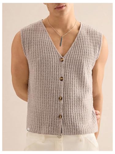 SweatyRocks Men's Button Down Sweater Vest V Neck Sleeveless Textured Casual Knit Tops3