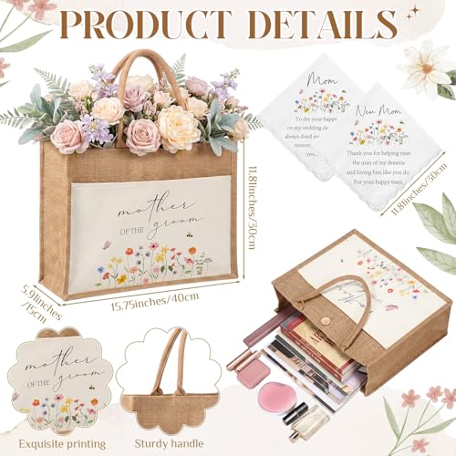 Image of Hushee 12 Pcs Mother of the Bride Groom Gift Set: Satin Robes for Women Tote Bags Makeup Bags 16oz Glass with Straws Handkerchiefs Mirrors for Mom Bridal Shower Wedding Gifts(Champagne,Daisy)