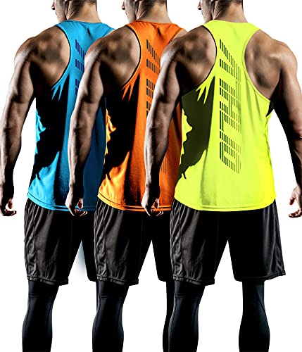 ATHLIO Men s Dry Fit Muscle Workout Tank Tops, Y-Back Bodybuilding Gym Shirts, Athletic Fitness Tank Top, Mesh 3pack Orange Sky Neon Yellow, X-Large