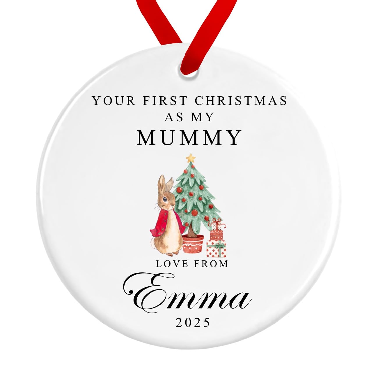 Your First Christmas as my.. Bauble | Christmas Rabbit Ceramic Decoration | Personalised Name Baby First Christmas Custom Ornament (Organza Bag, Mummy, Red Ribbon)