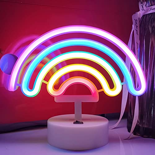 JYWJ Neon Signs with Holder Base,USB or 3-AA Battery Powered Neon Light,LED Table Decoration,Bedroom Wall Decoration,Birthday Gift,Wedding Supplies Business Gift(Rainbow)