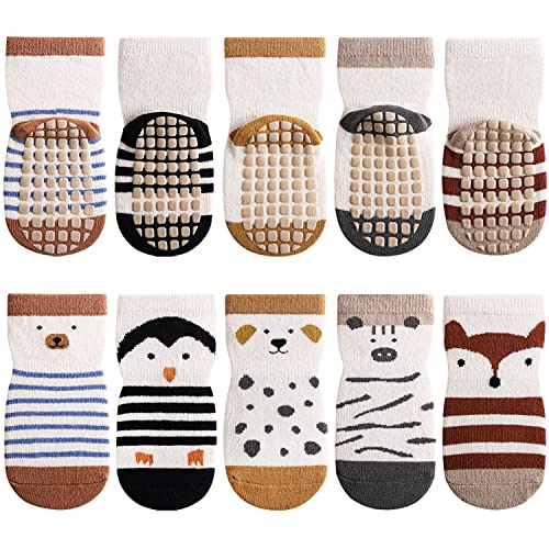 Domee Chaussettes Antidérapantes Dessin Animé Bébé Enfant Lot de 5 Ours + Pingouin + Cochon 1-3 Ans (Taille du Fabricant M)