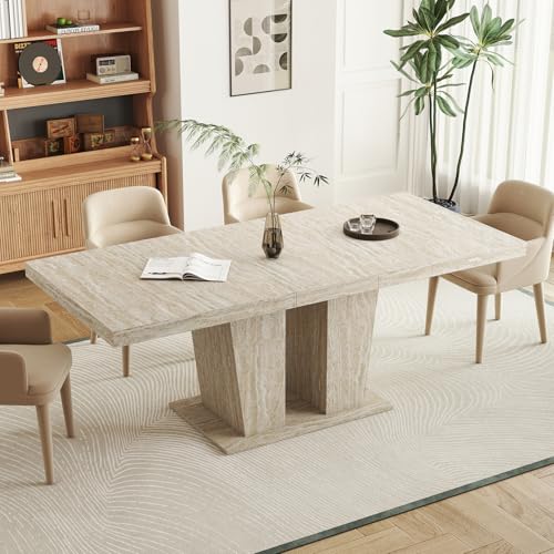 Zevemomo 63"-78.7" Expandable Dining Table, 4-8 Extendable Dining Table, Space-Saving Adjustable Dinner Table with Slide Track, Farmhouse Kitchen Table with Dual Column Base for Living Room-Beige