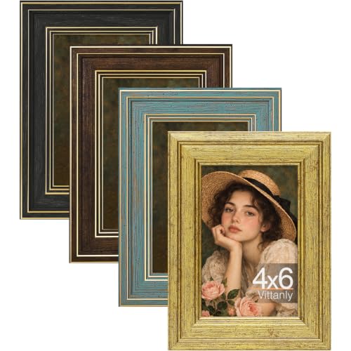 Vittanly 4x6 Picture Frames Set of 4, Rustic Black&Brown&Blue&Gold