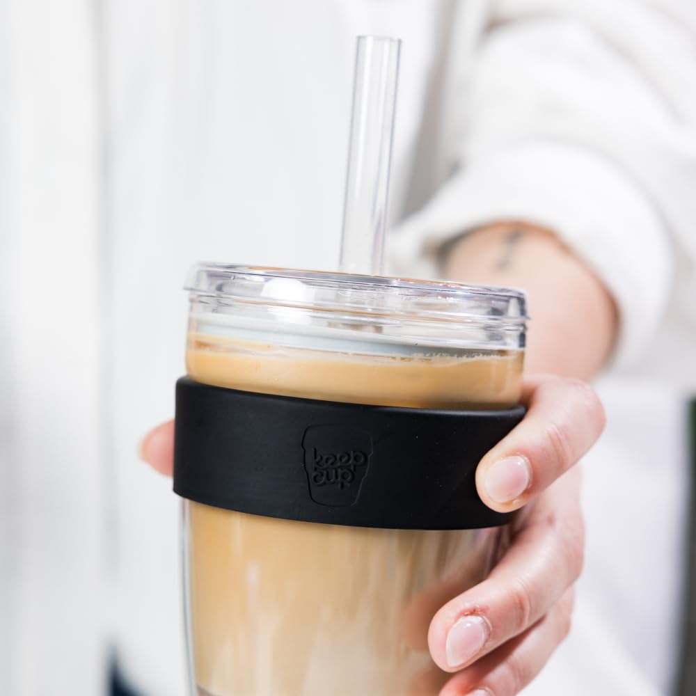 KeepCup Cold Cup - Longplay Double wall Glass Ice Coffee Tumbler with Lid and Straw - 16oz (454ml) - Black - Image 4