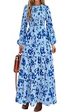PRETTYGARDEN Womens Dresses 2025 Puff Sleeve Floral Casual Summer Dresses Smocked Backless Beach Flowy Tiered Maxi Dress (Light Blue Blue Flower, Large)