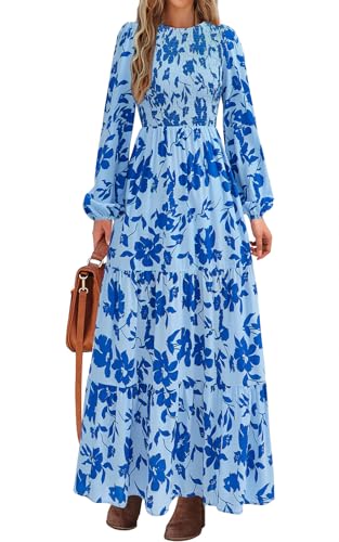 PRETTYGARDEN Women's Fall Dresses 2025 Long Sleeve Flowy Casual Floral Maxi Dress Crew Neck Smocked Tiered Long Dress