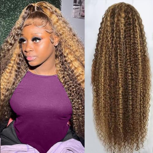 Image of 24inch Highlight Ombre Lace Front Wig Human Hair 13x6 HD Honey Blonde 4 /27 Deep Wave Lace Frontal Wigs Glueless Wigs Human Hair