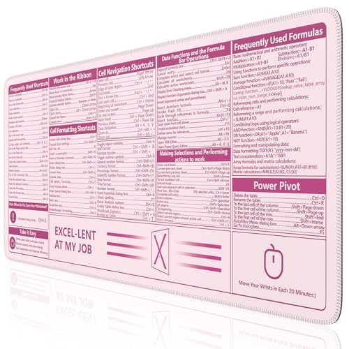 Image of iCasso Excel Cheat Sheet Desk Pad,Excel Mouse Pad Shortcuts,Excel Shortcuts Cheat Sheet Keyboard Mat, Extended Large XXL Non-Slip Mousepad with Stitched Edges for Computer(Pink Excel Shortcuts)