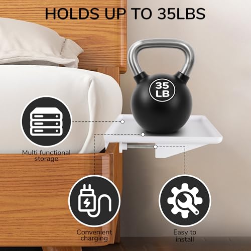 Bedside Shelf for Bunk Beds & Top Bunk, College Dorm Room Essentials & Kids Room - Clip On Dorm Nightstand with Cable Catch, Holds 35lbs, White