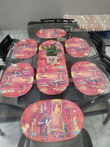 Image of Table Mats Set of 6 with Table Runner - Non Slip, Heat Resistant, Jute Cotton Blend for Dining Room Decor (Red)