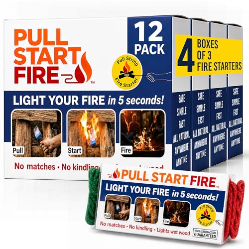 Pull Start Fire Pull String Fire Starter - No Matches Required Lights Wet Wood Chimney Starter Food Safe Firestarter Brick for Campfire Grill BBQ Fireplace Firepit Burns 30 Minutes - 12 Count