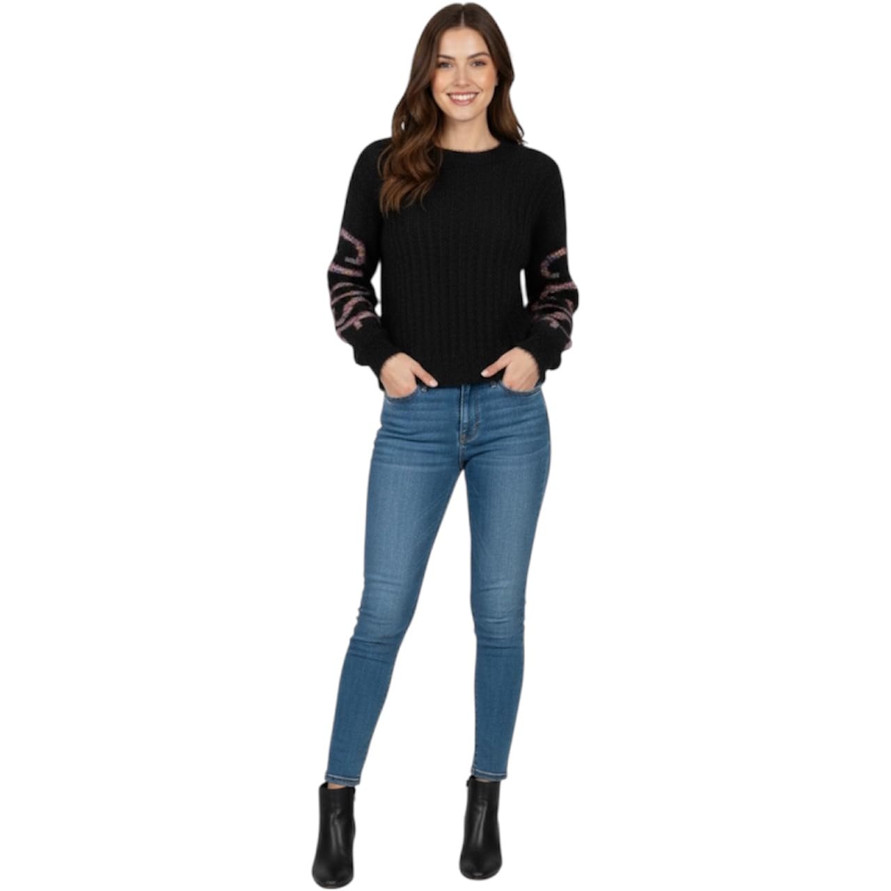 Women's Black Fuzzy Pullover Sweater XL, Soft Acrylic Blend Knit, Round Neck, Full Sleeve, Lightweight Cozy Winter Jumper, Statement Sleeve Design-image-27