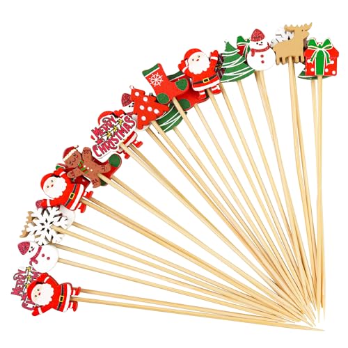 100Pcs Christmas Bamboo Cocktail Picks - 4.7Inch Appetiser Toothpicks with