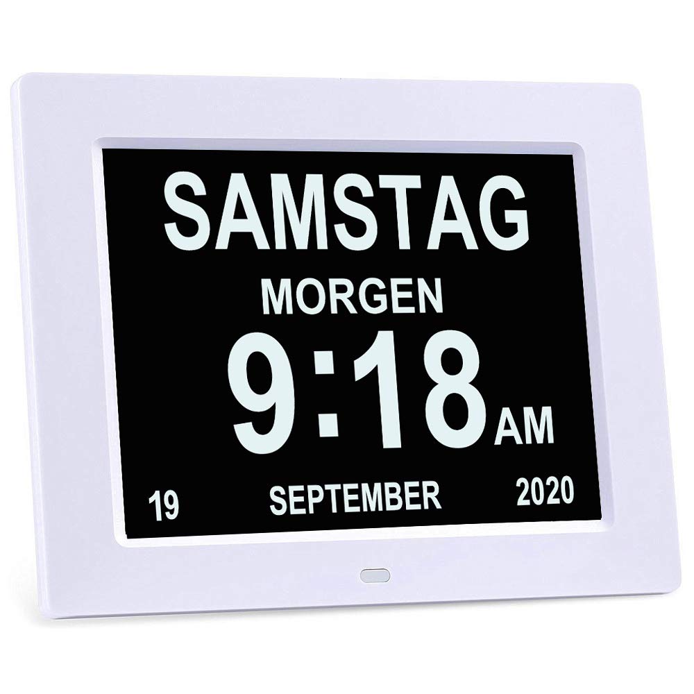 8" Pouce LCD Horloge Numérique Calendrier avec Date Jour Et Heure Horloge Non-Abrégée Auto Dimming 8 Langues HD Display Rappel pour Alzheimer Les Personnes âgées et Les Enfants, argenté (Blanc)