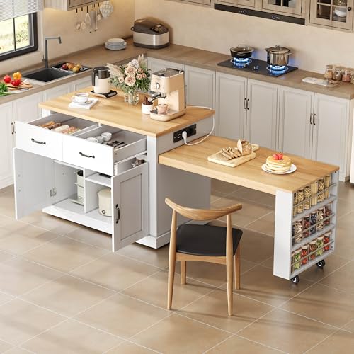Nuvlagu Isla De Cocina Enrollable Con Mesa De Comedor Extensible, Carrito De Cocina Con Mesa De Bar, 7 Ruedas, Enchufes Y Usb, Mucho Espacio De Almacenamiento, Mdf, Blanco Roble, 132 235 X 60 X 93