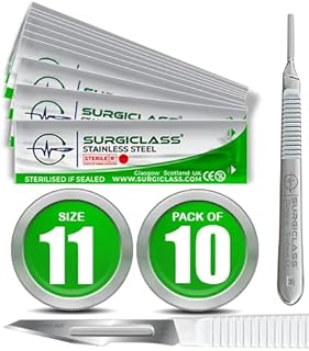 Surgical Scalpel Surgical Blades # 11 Stainless Steel Sterile Pack of 10 and Handle No 3 Perfect for wood art, Surgical, Sculpting, Repairs, Lab Anatomy, Sign, Card Making Lab Training SURGIGR11-10